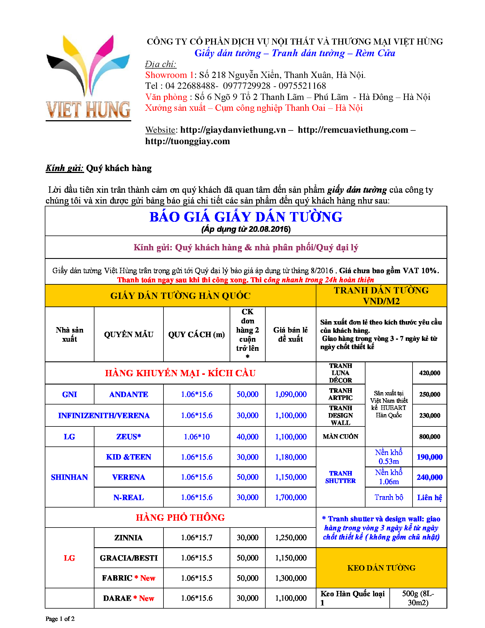 Báo giá giấy dán tường Báo giá giấy dán tường